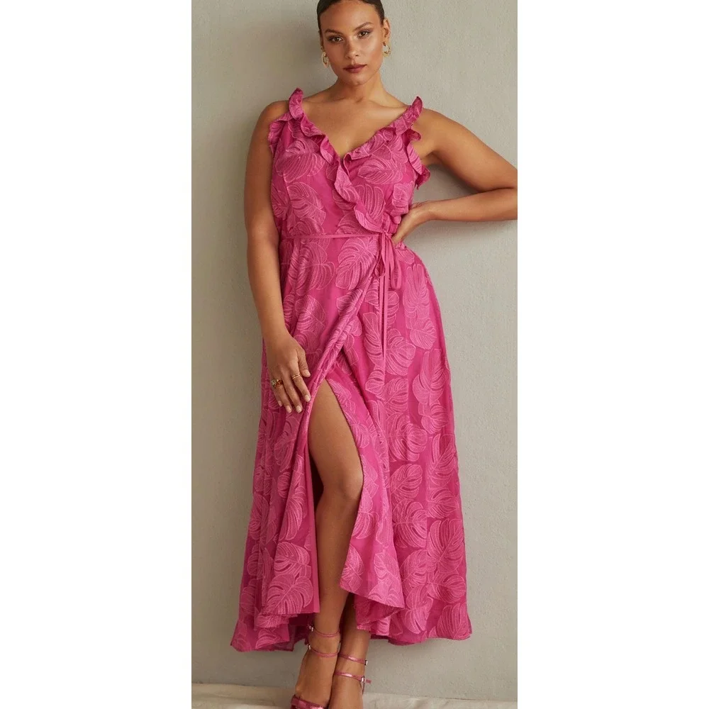 Hutch Anthropologie Tropical Leaf Ruffle Maxi Dress Cruise Large Summer A6